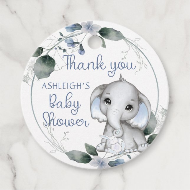 Étiquettes Cadeau Baby shower Bleu Eléphant Aquarelle Merci (Devant)