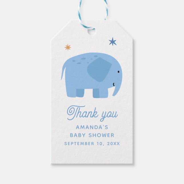Étiquettes-cadeau Baby Shower Bleu Éléphant Remerciement | Safari Mi (Devant)