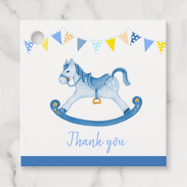 Étiquettes Cadeau Baby shower bleu rocking cheval aquarelle art (Devant)