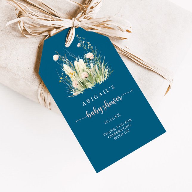 Étiquettes-cadeau Baby Shower Bohème Fleurs Sauvages Bleu Marine (Créateur téléchargé)