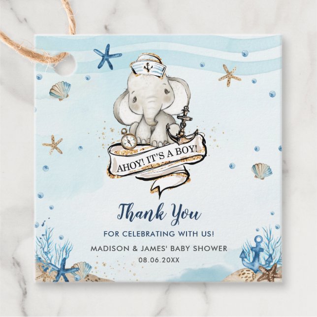 Étiquettes Cadeau Baby shower chic Nautique Elephant Boy Merci (Devant)