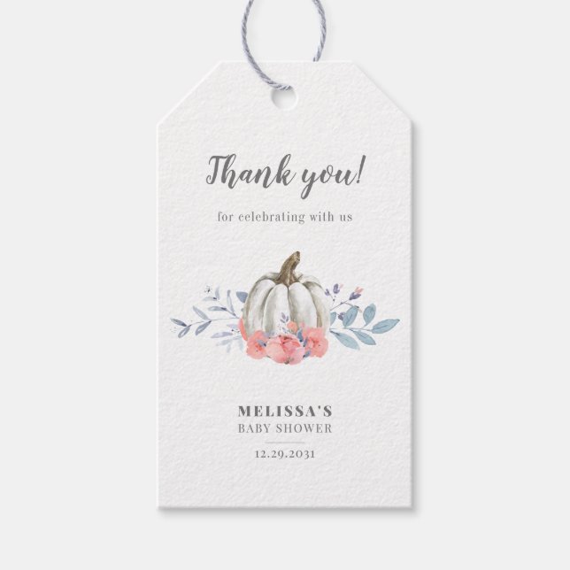 Étiquettes-cadeau Baby shower Citrouille Aquarelle rose Roses Floral (Devant)