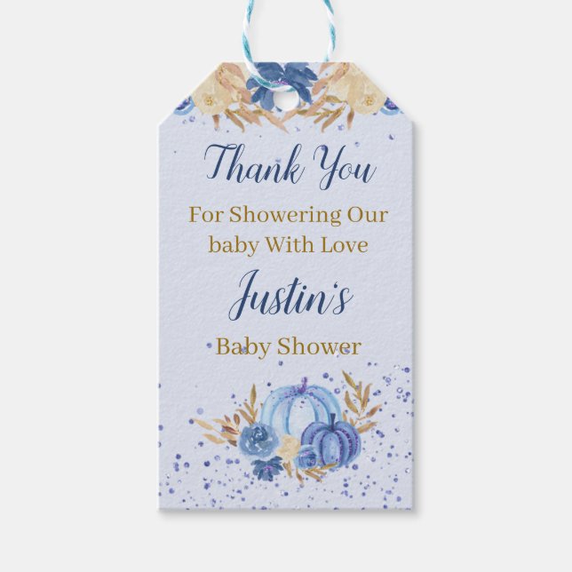 Étiquettes-cadeau Baby shower Citrouille bleu floral (Devant)