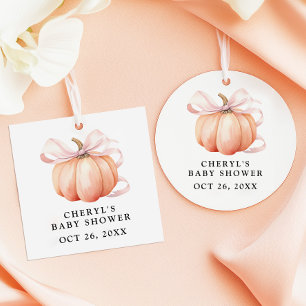 Étiquettes Cadeau Baby shower Citrouille en aquarelle rose Bow