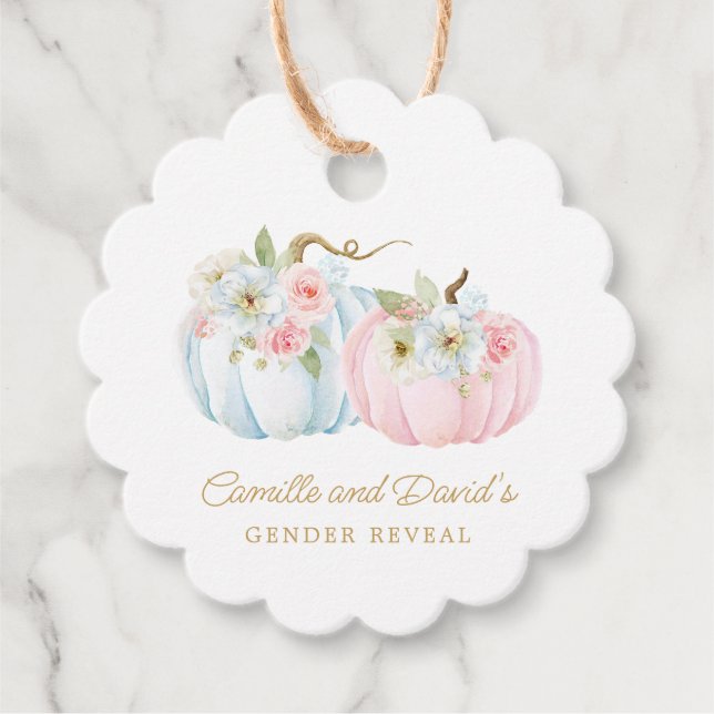 Étiquettes Cadeau Baby shower Citrouille pour la révélation des sexe (Devant)