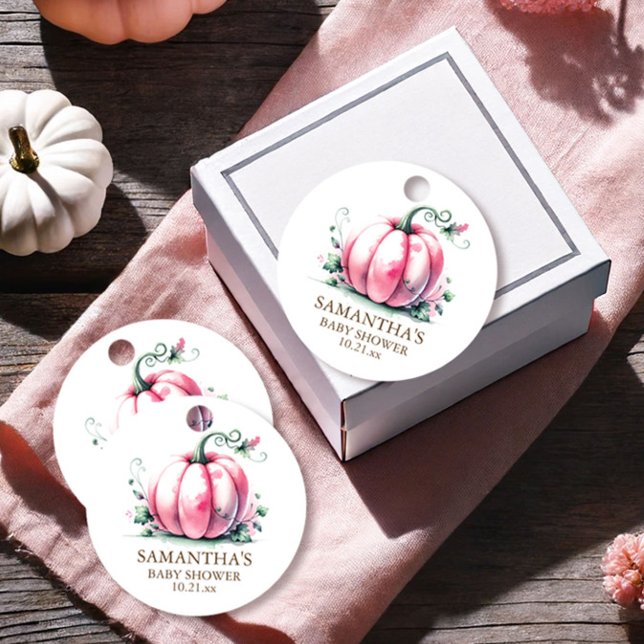 Étiquettes Cadeau Baby shower Citrouille rose Favoriser Tags - thème (Pink pumpkin baby shower watercolor fall favor tags created by Victoria Grigaliunas VG Invites)