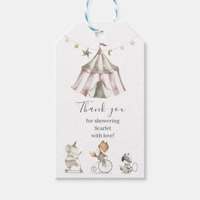Étiquettes-cadeau Baby shower d'animaux de cirque mignons (Devant)