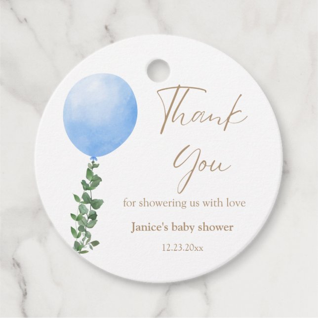 Étiquettes Cadeau Baby shower d'aquarelle bleu Balloon Merci (Devant)