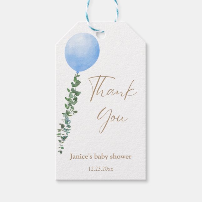 Étiquettes-cadeau Baby shower d'aquarelle bleu Balloon Merci (Devant)
