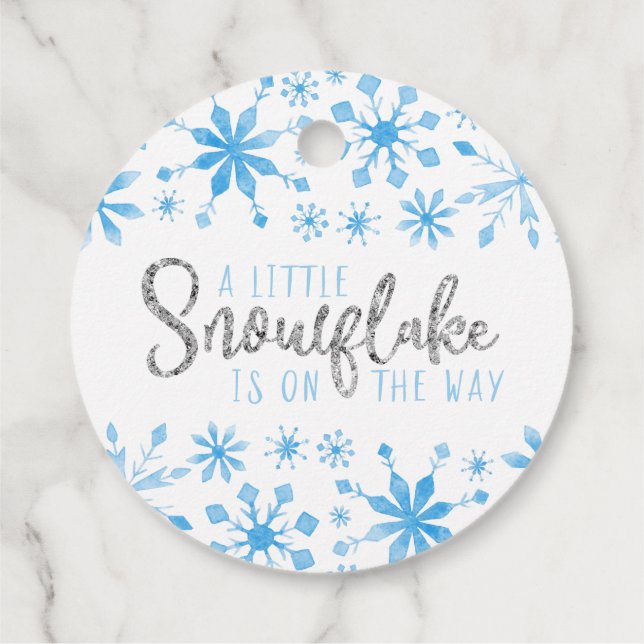 Étiquettes Cadeau Baby shower d'aquarelle bleu Little Snowflake (Dos)