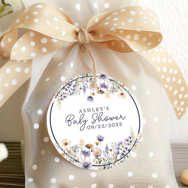 Étiquettes Cadeau Baby shower d'aquarelle Boho Fleur sauvage bleu (Créateur téléchargé)