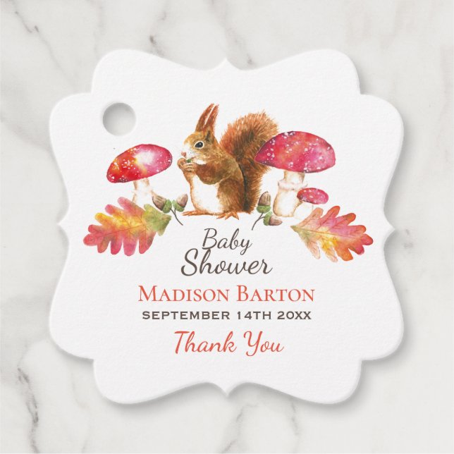 Étiquettes Cadeau Baby shower d'aquarelle d'automne en bois d'écureu (Devant)