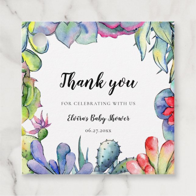 Étiquettes Cadeau Baby shower d'aquarelle de cactus succulent (Devant)