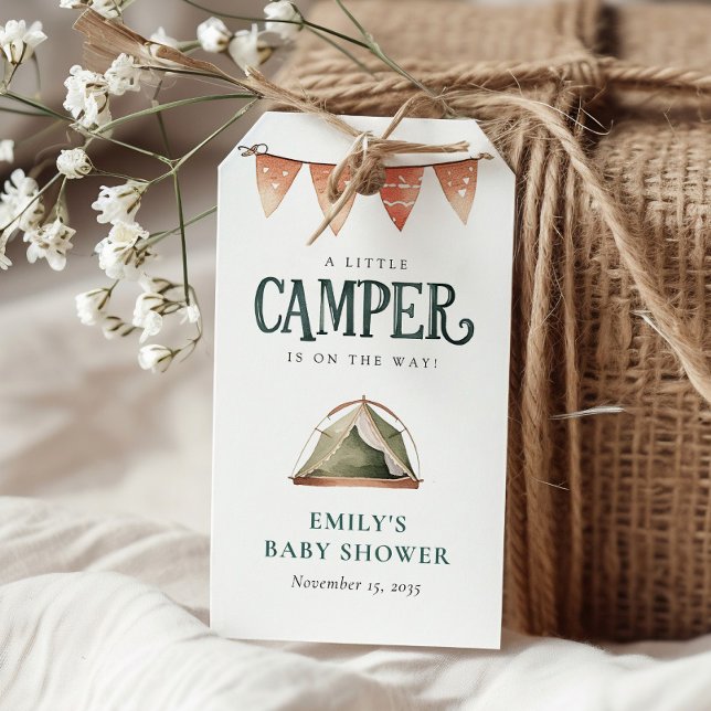 Étiquettes-cadeau Baby shower d'aquarelle de la forêt de camping (Créateur téléchargé)