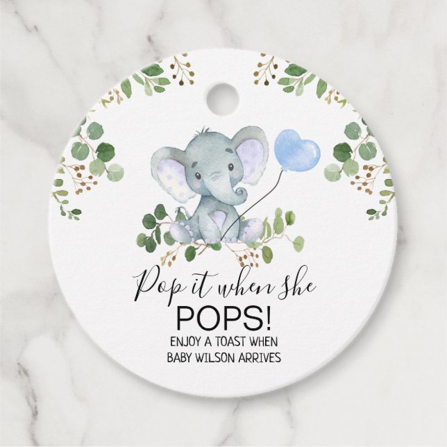 Étiquettes Cadeau Baby shower d'aquarelle éléphant du garçon Pop It (Devant)