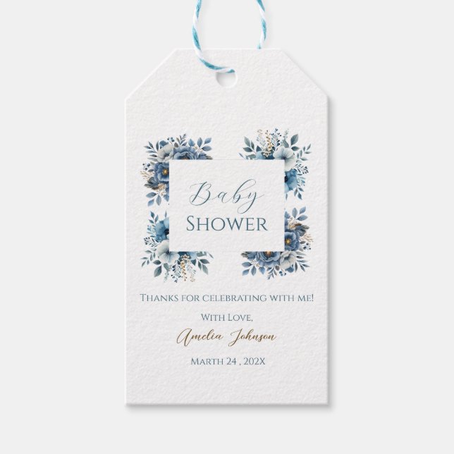 Étiquettes-cadeau Baby shower d'aquarelle Florale bleu moderne (Devant)