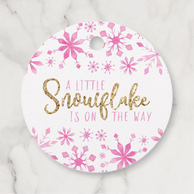 Étiquettes Cadeau Baby shower d'aquarelle rose Little Snowflake (Dos)