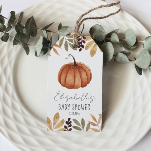 Étiquettes-cadeau Baby shower d'automne Citrouille aquarelle (Créateur téléchargé)