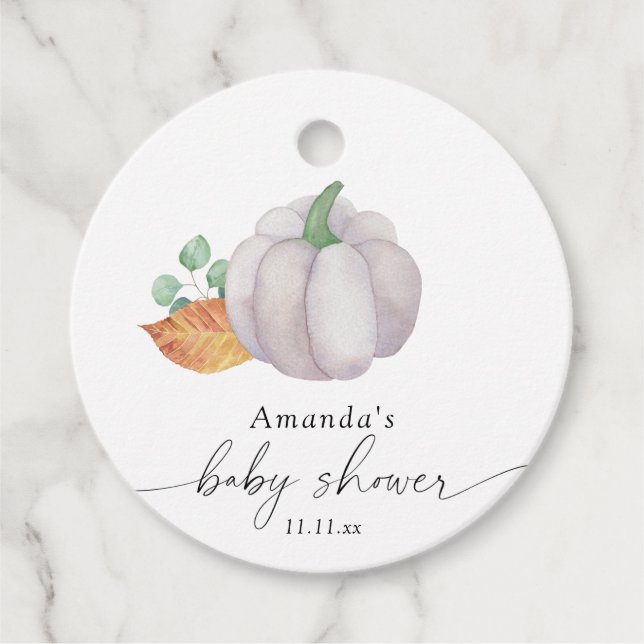 Étiquettes Cadeau Baby shower d'automne citrouille blanc (Devant)