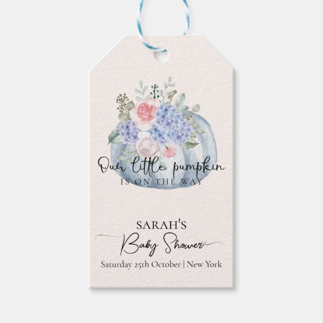 Étiquettes-cadeau Baby shower d'automne Citrouille Blue Hydrangea (Devant)