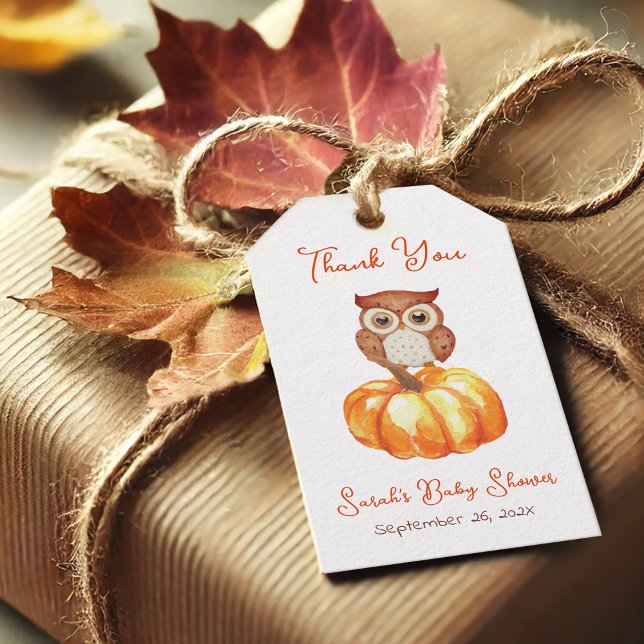 Étiquettes-cadeau Baby shower d'automne Citrouille et hibou Merci d' (Créateur téléchargé)