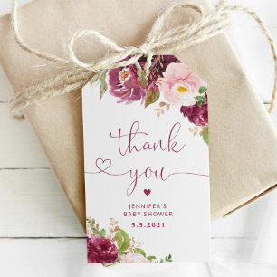 Étiquettes-cadeau Baby shower d'automne fleuri de Bourgogne merci