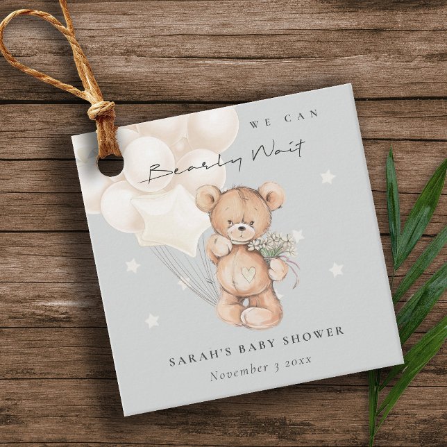 Étiquettes Cadeau Baby shower de ballon d'ours d'attente à l'ivoire  (Créateur téléchargé)