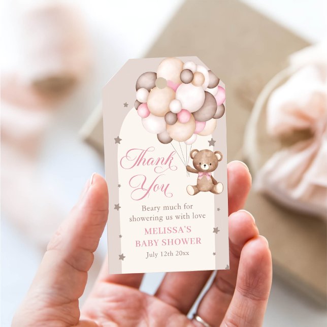 Étiquettes-cadeau Baby shower de ballon rose Teddy Bear (Créateur téléchargé)