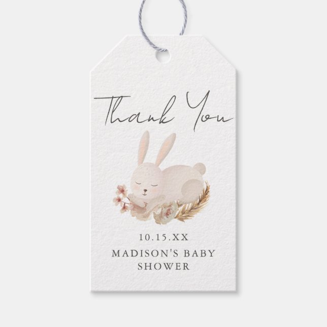Étiquettes-cadeau Baby shower de calligraphie de lapin doux Merci (Devant)