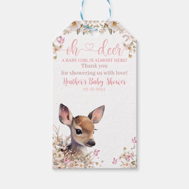Étiquettes-cadeau Baby shower de cerfs de bois fille (Devant)