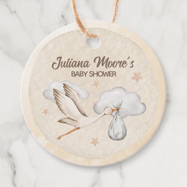 Étiquettes Cadeau Baby shower de cigogne d'aquarelle (Devant)