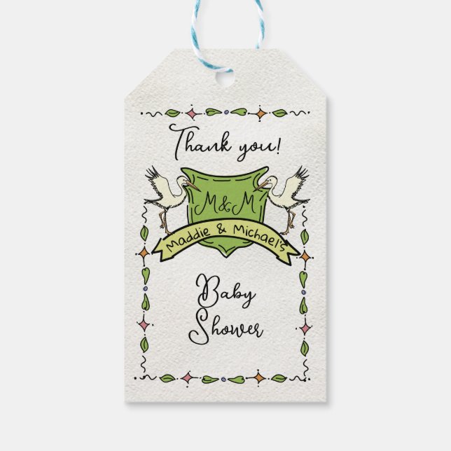 Étiquettes-cadeau Baby shower de cime de cigogne dessiné à la main (Dos)