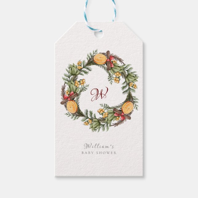 Étiquettes-cadeau Baby shower de couronne de Noël de Monogramme (Devant)