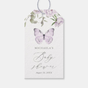 Étiquettes-cadeau Baby shower de fille papillon floral pourpre