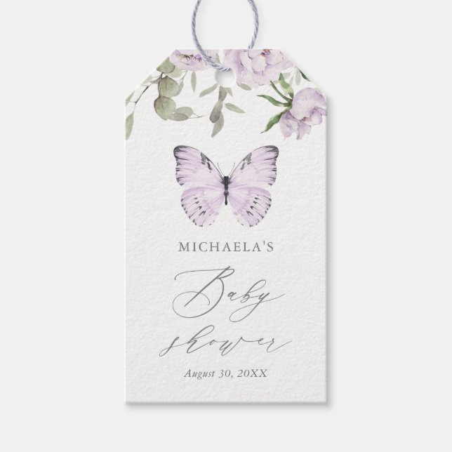Étiquettes-cadeau Baby shower de fille papillon floral pourpre (Devant)