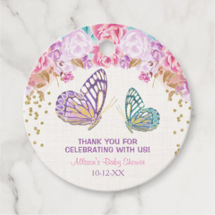 Étiquettes Cadeau Baby shower de fille papillon violet en or rose