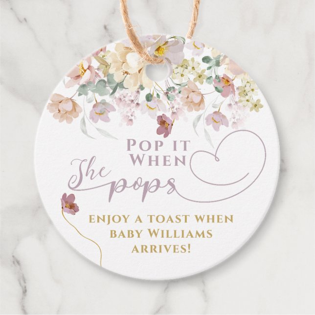 Étiquettes Cadeau Baby shower de fille pourpre Fleur sauvage à fleur (Devant)