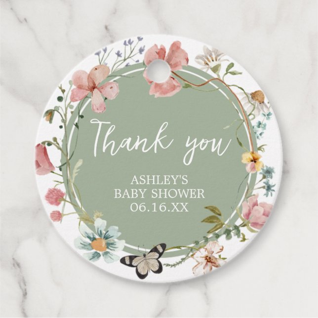 Étiquettes Cadeau Baby shower de fleurs de bébé vert Sage (Devant)