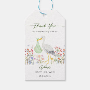 Étiquettes-cadeau Baby shower de fleurs printanières de cigogne spéc