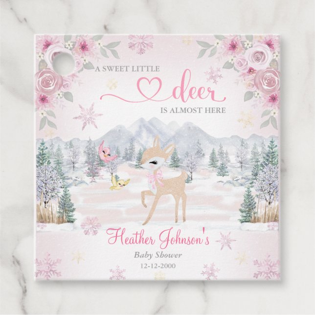 Étiquettes Cadeau Baby shower de flocon rose cerf d'hiver (Devant)