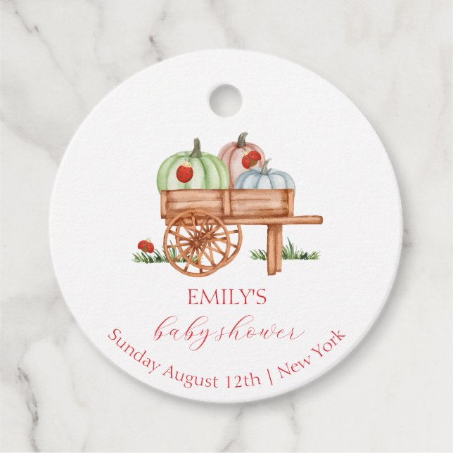 Étiquettes Cadeau Baby shower de Labybug de Citrouille moderne rusti (Devant)