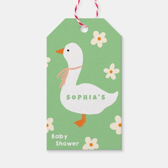 Étiquettes-cadeau Baby shower de l'oie blanche et des marguerites (Devant)