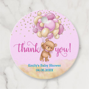 Étiquettes Cadeau Baby shower de Merci à balloon rose Teddy