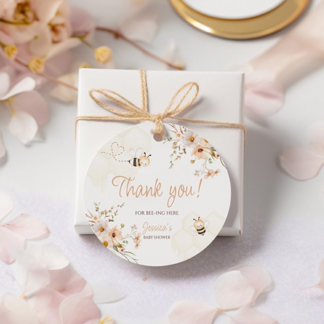Étiquettes Cadeau Baby shower de Merci d'abeilles florales ronde (Créateur téléchargé)