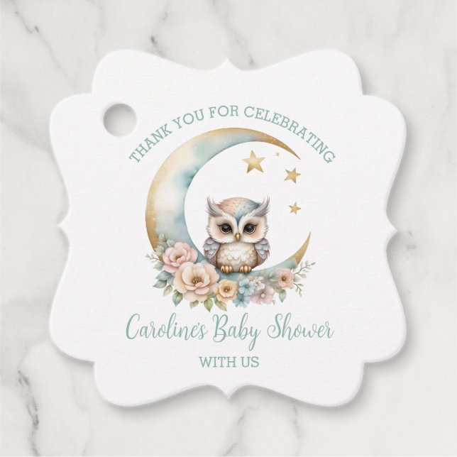 Étiquettes Cadeau Baby shower de Merci de Chouette Aquarelle Cute (Devant)