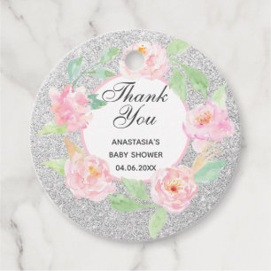 Étiquettes Cadeau Baby shower de Merci de en argent et rose