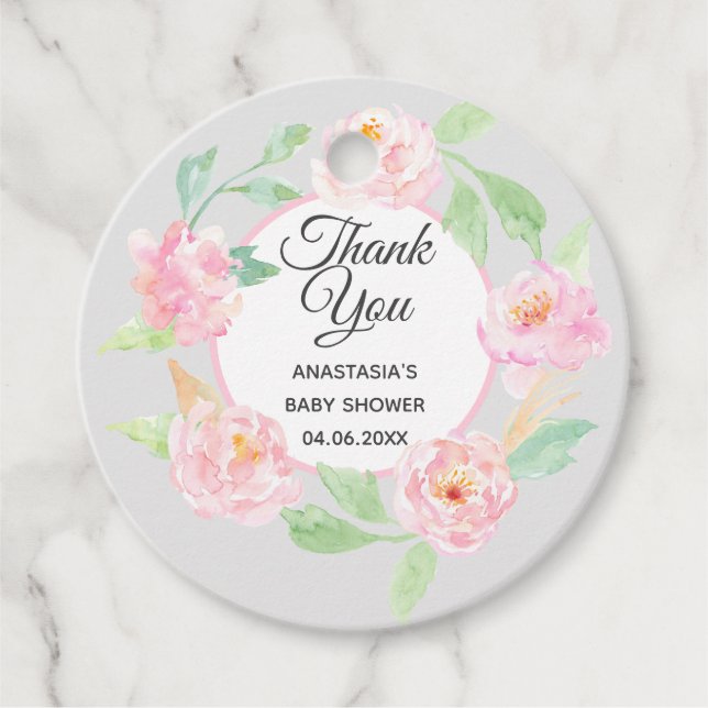 Étiquettes Cadeau Baby shower de Merci de  gris et rose (Devant)