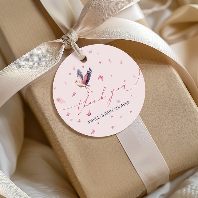 Étiquettes Cadeau Baby shower de Papillons Whimsical Soft Pink Stork (Créateur téléchargé)