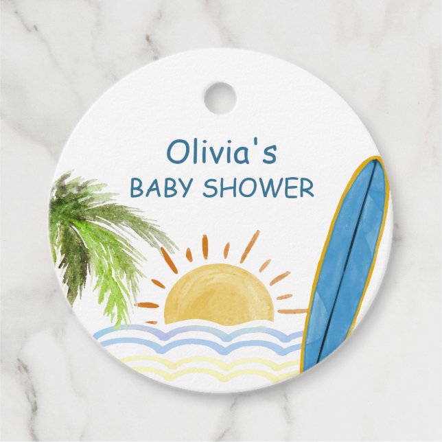 Étiquettes Cadeau Baby shower de surf tropical Sunshine (Devant)