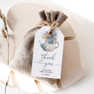 Étiquettes-cadeau Baby shower de théière Blue Hydrangeas merci